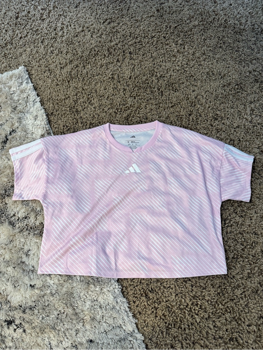 adidas Pink Short Sleeve Girls' Athletic Tee with Diagonal Stripe